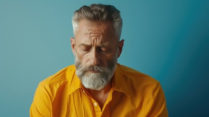 Obraz premium A man with a long beard and wearing a bright yellow shirt, standing in front of a blurred background