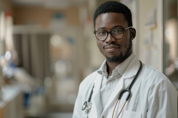 Fototapeta premium Portrait of a african male doctor in a white coat, with a hospital corridor in the background