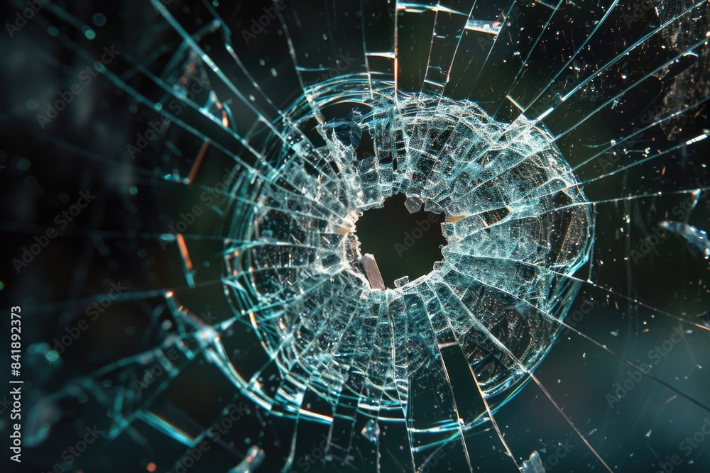 Poster a picture of a broken glass window with a hole in it