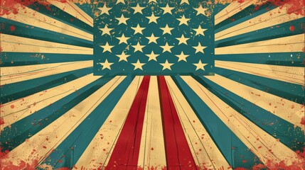 A vintage-style poster celebrating the 4th of July, with retro typography, an old-fashioned American flag.