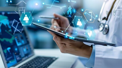 Medicine doctor or medical students using a stethoscope and digital tablet laptop, conducting health checks with digital system support for patients at a hospital. Illustrates medical network