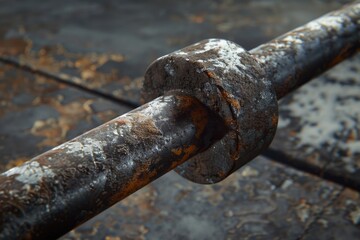 A rusty metal rail with a tied knot, possibly used for fencing or binding