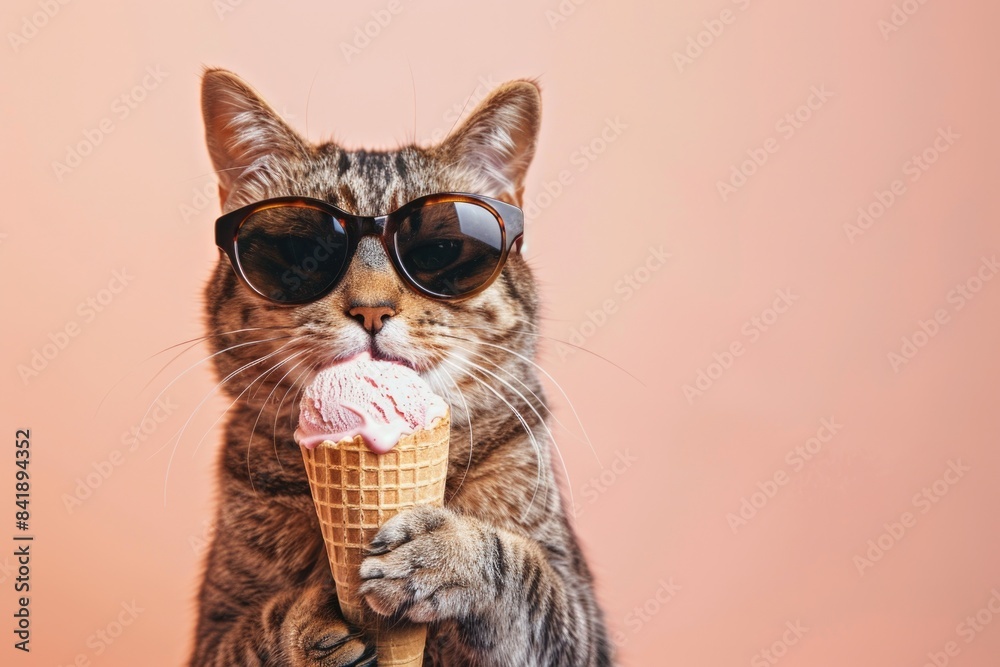 Wall mural A cat enjoying a cool treat on a hot day, wearing trendy shades