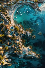 Aerial view of a resort surrounded by a body of water, suitable for use in travel or tourism marketing materials