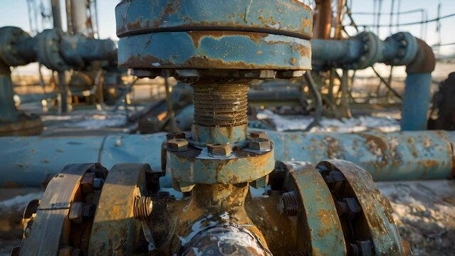 A massive valve sits at the base of a fracking well ready to control the flow of chemicals and water during the process.