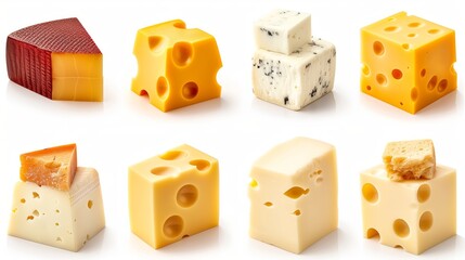 selection of different cheese cubes (cheddar, mozzarella, and gouda), isolated on a clear background. 