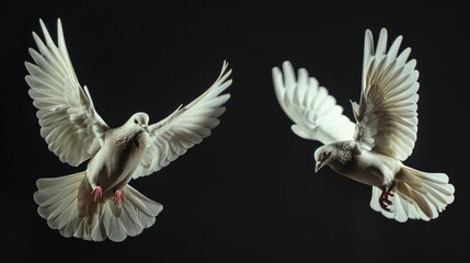 Obraz premium Two white birds soaring through the air