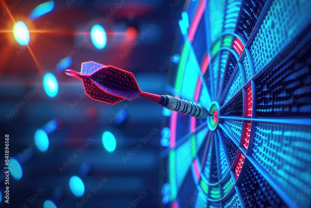 Poster A close-up shot of a dart flying towards and hitting a target, perfect for illustrating accuracy and precision