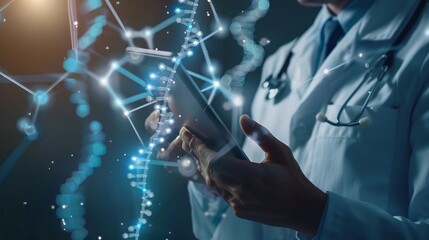 Medicine doctor interacting with an electronic medical record on a tablet, with DNA, digital healthcare, and network connection displayed on a hologram modern virtual screen interface.

