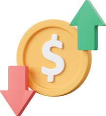 Dollar coin with up and down arrow, 3d illustration of Investment concept