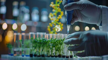 Advanced Biotechnology Research on Plant Growth and and DNA Helix in Laboratory. Generative ai.