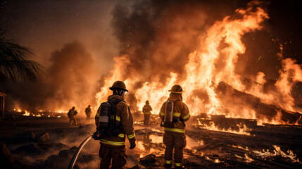 Obraz premium Firefighters clad in protective gear stride towards a raging fire, Generative AI