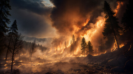 Fototapeta premium A massive forest fire engulfs trees in flames, with a fiery glow. Generative AI