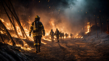 Fototapeta premium Firefighters in protective gear march towards a forest flames. Generative AI