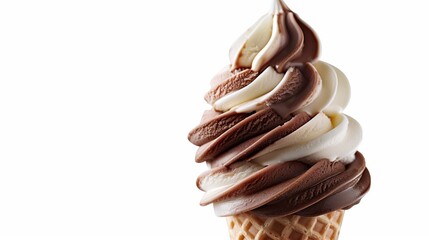a soft-serve ice cream cone with a twist of chocolate and vanilla, isolated on a white background. 