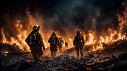 Fototapeta premium Firefighters in protective gear march towards a forest flames. Generative AI