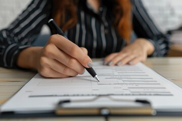 Fototapeta premium A woman sits at a table writing on a piece of paper, focusing on her work