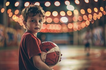 A young boy holds a soccer ball on an outdoor court, ready for a game or practice - Powered by Adobe