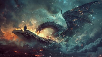 Fototapeta premium A dragon is flying through the sky, with a person standing on top of a book