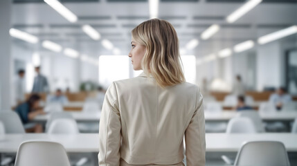 Obraz premium A professional businesswoman with blonde hair working in office, Generative AI