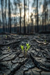 A small plant grows out of the ground, with a tiny stem and leaves