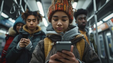 Obraz premium Young African American Multiracial Adults Using Smartphones in Subway Train. Generative ai