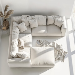 Modern interior, white modular sofa, minimal geometric design, bright sunlight from window, top view.