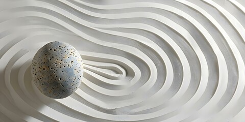 Naklejka premium Topdown view of circular patterns in white sand in Zen garden. Concept Zen Garden, Circular Patterns, White Sand, Topdown View