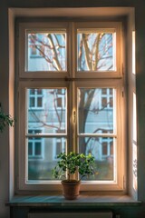 A potted plant sits on a window sill, bringing some greenery to the space