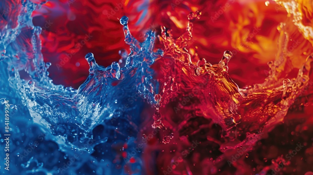 Poster a close-up shot of a splash of water on a red and blue gradient background
