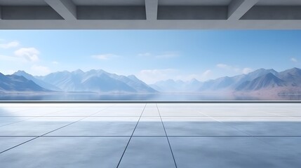 Minimalist Architectural Landscape with Concrete Wall and Mountain View