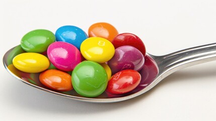Colorful candy on a spoon set against a white backdrop