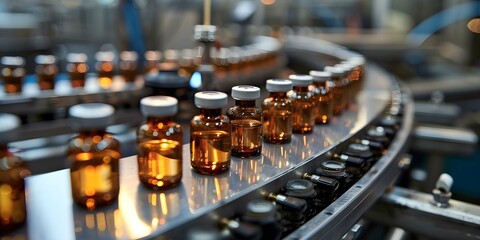 Pharmaceutical factory producing medical vials and glass bottles on production line. Concept Medical Vials, Glass Bottles, Pharmaceutical Manufacturing, Production Line, Quality Control