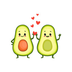 Avocado cartoon character. A couple of avocados. Card with cute avocados and hearts. Valentine's Day. Vector illustration