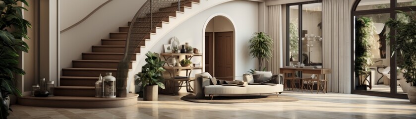 A large, open room with white furniture and a lot of greenery. The room has a very elegant and sophisticated feel to it