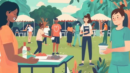 A young volunteer prepares food at a community picnic in a park