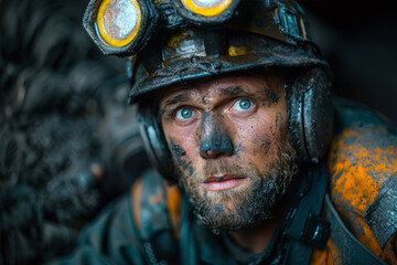 Fototapeta premium Close-up of portrait of a coal miner, marked with dust from the mine, illustrating the demanding nature of underground labor