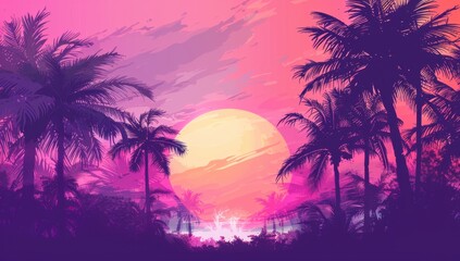 background with palm trees, sunset, retro style, pink and purple colors, brush strokes, simple design, gradient color background Generative AI