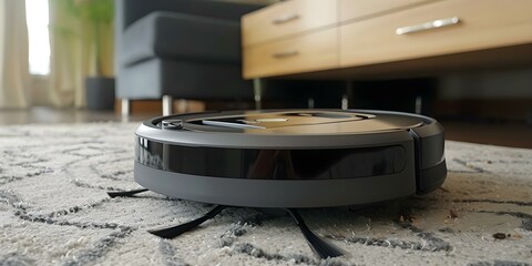 Fototapeta na wymiar Robot vacuum cleaner for homes with pets advertised in real estate. Concept Robot vacuum cleaner, Pet-friendly homes, Real estate, Technology in homes