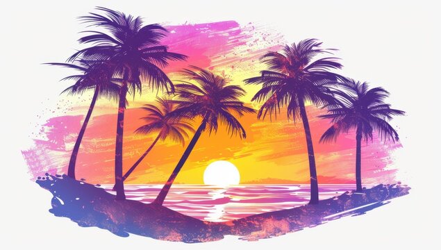 Tropical summer background with palm trees and sunset sky pink purple orange colors, white background summer travel poster design Generative AI
