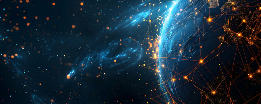 Abstract digital depiction of Earth from space, with glowing data connections and stars, representing global communication and technology.