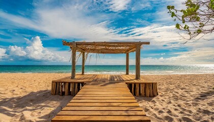 a bright summer day.Wooden stage on a beach with, coastal landscape, sea breeze, inviting scene for display, serene ocean
