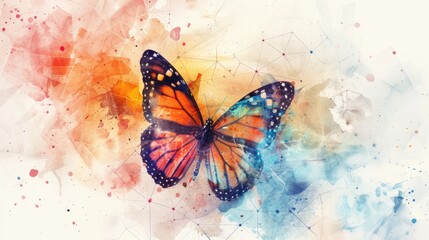 Geometric pattern backdrop with a watercolor splashed butterfly