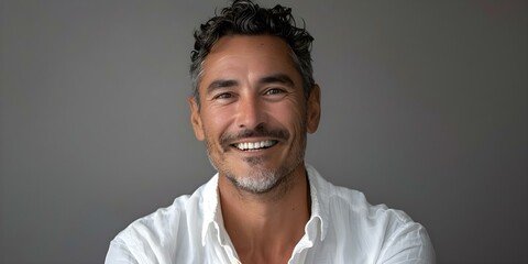 Obraz premium A man smiling in a white shirt. Concept Outdoor Photoshoot, Joyful Portraits, Casual Style