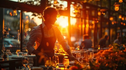 Elegant Table Setting by Waiter with Warm Ambiance and Copy Space, Double Exposure Silhouette with Tableware