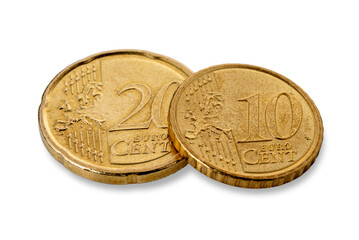 10 euro cent coin over 20 euro cent coin isolated