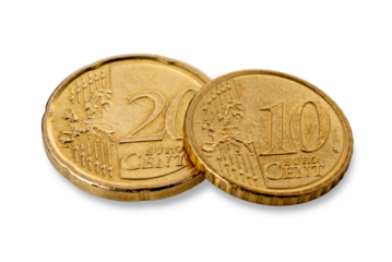 10 euro cent coin over 20 euro cent coin isolated