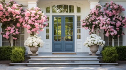 Fototapeta premium The front door of a house is blue and has a white trim. The door is flanked by two large pink bushes. The bushes are in vases and are placed on the steps leading up to the door