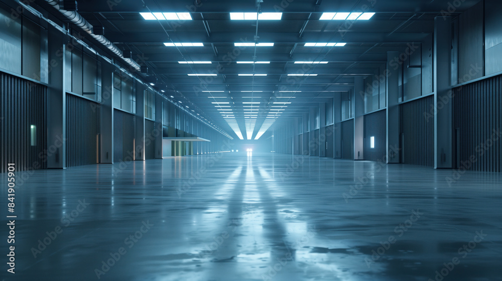 Poster empty clean futuristic warehouse. background image. created with generative ai technology.