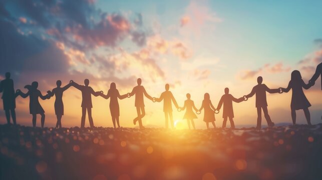 couple hands holding chain of people pictogram over evening sky background